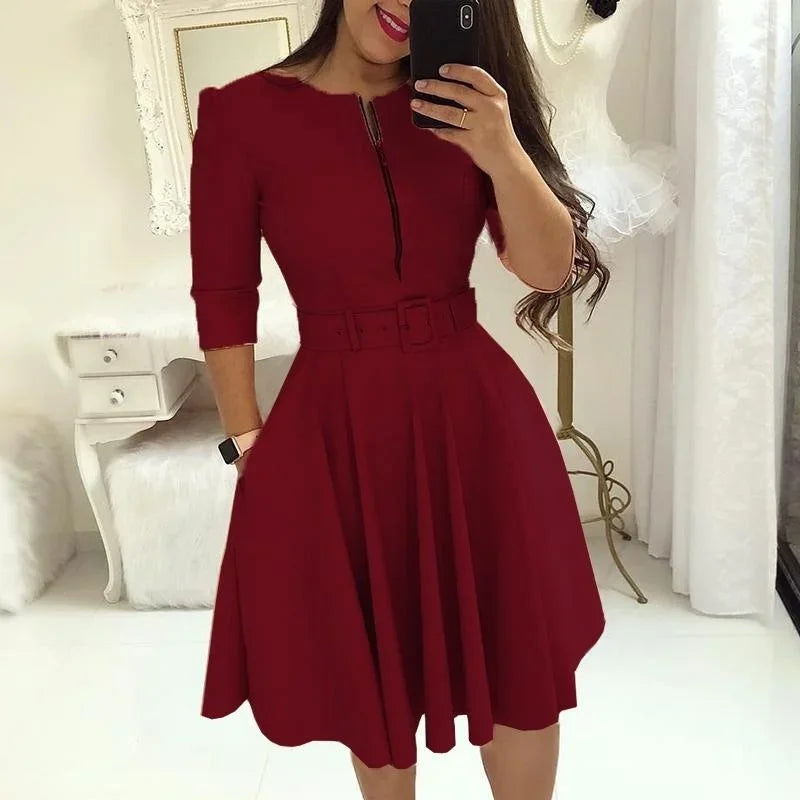 Fashion Women Patchwork A-line Dresses Autumn/Winter Round Neck Printed Belt Party Dress Elegant Office Lady Zipper Dress - Slobuy