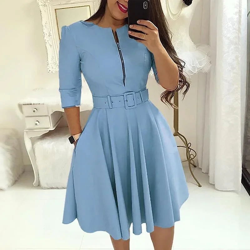 Fashion Women Patchwork A-line Dresses Autumn/Winter Round Neck Printed Belt Party Dress Elegant Office Lady Zipper Dress - Slobuy