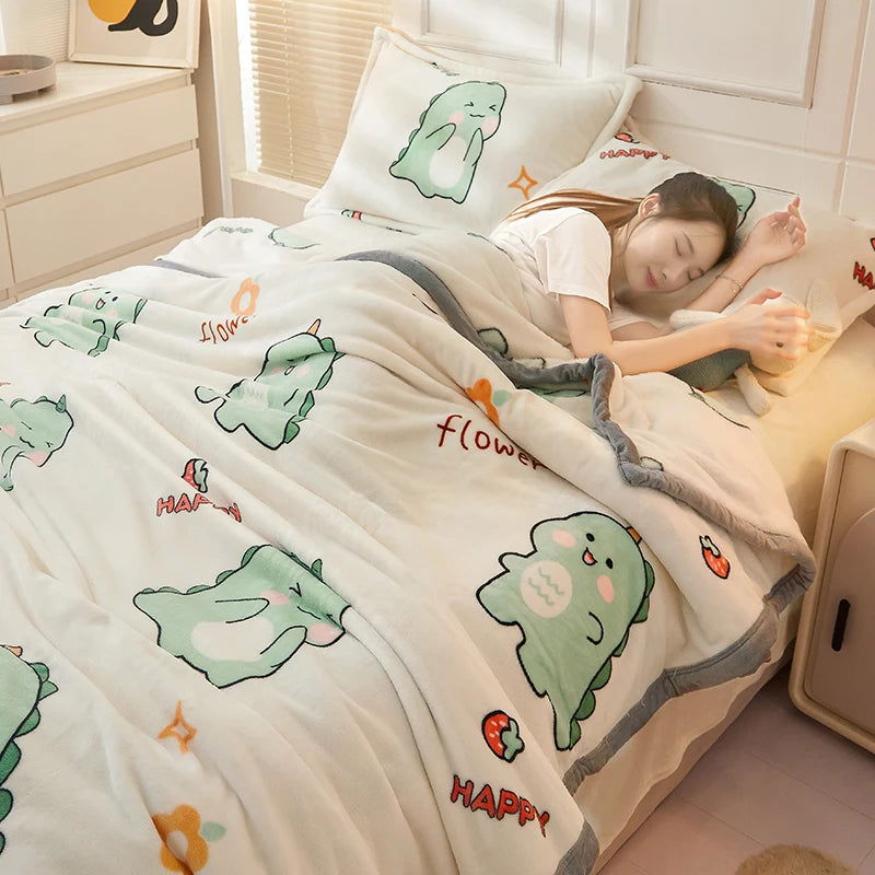 Winter Warm Plaid Blanket Comfortable Blanket Cartoon Bed Cover Solid Color Office Multifunction Travel Blanket - Slobuy