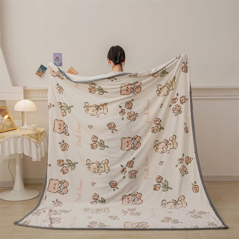 Winter Warm Plaid Blanket Comfortable Blanket Cartoon Bed Cover Solid Color Office Multifunction Travel Blanket - Slobuy