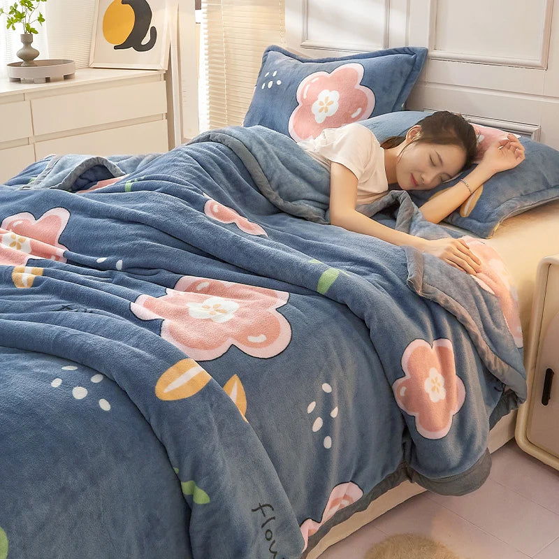 Winter Warm Plaid Blanket Comfortable Blanket Cartoon Bed Cover Solid Color Office Multifunction Travel Blanket - Slobuy