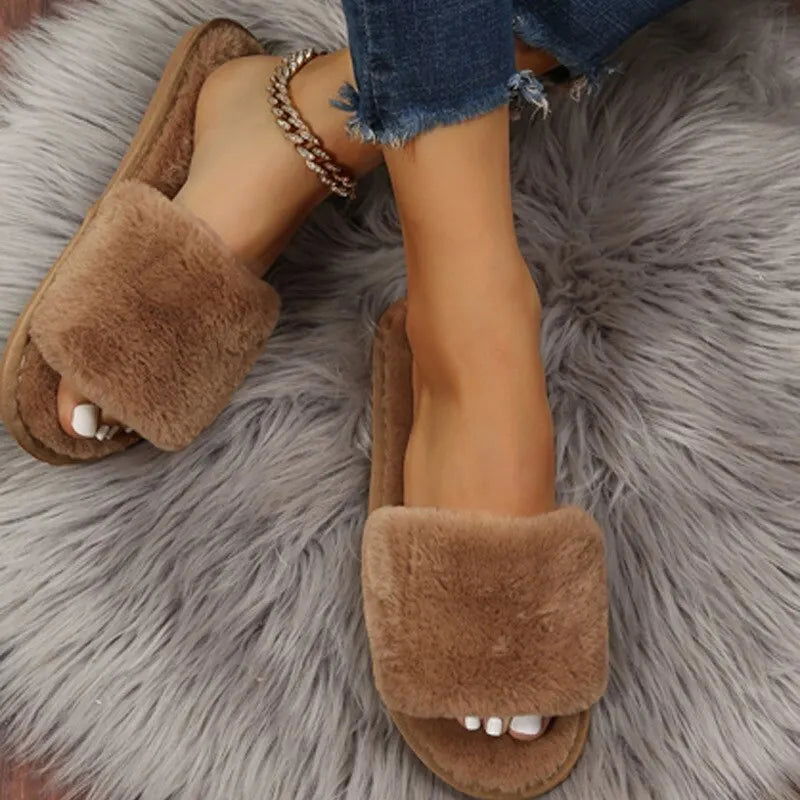Winter Women Winter House Furry Slippers Non-Slip Casual Indoor Flats Floor Shoes Ladies Flip Flops Warm Shoes Solid Colors - Slobuy