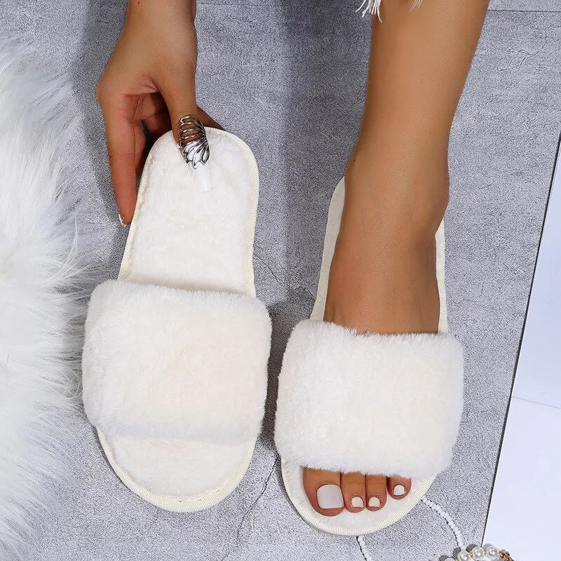 Winter Women Winter House Furry Slippers Non-Slip Casual Indoor Flats Floor Shoes Ladies Flip Flops Warm Shoes Solid Colors - Slobuy
