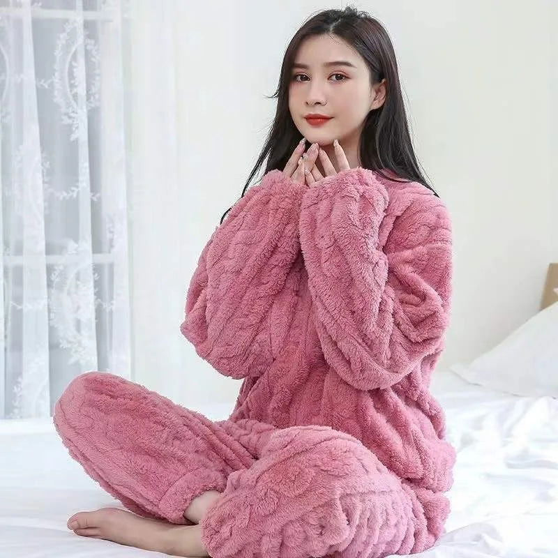 Winter women's two-piece homewear set thickened homewear coral velvet pajamas suit pregnant women loose leisure warm clothing su - Slobuy