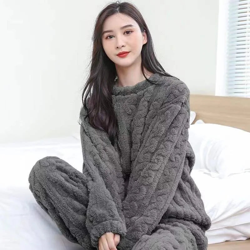 Winter women's two-piece homewear set thickened homewear coral velvet pajamas suit pregnant women loose leisure warm clothing su - Slobuy