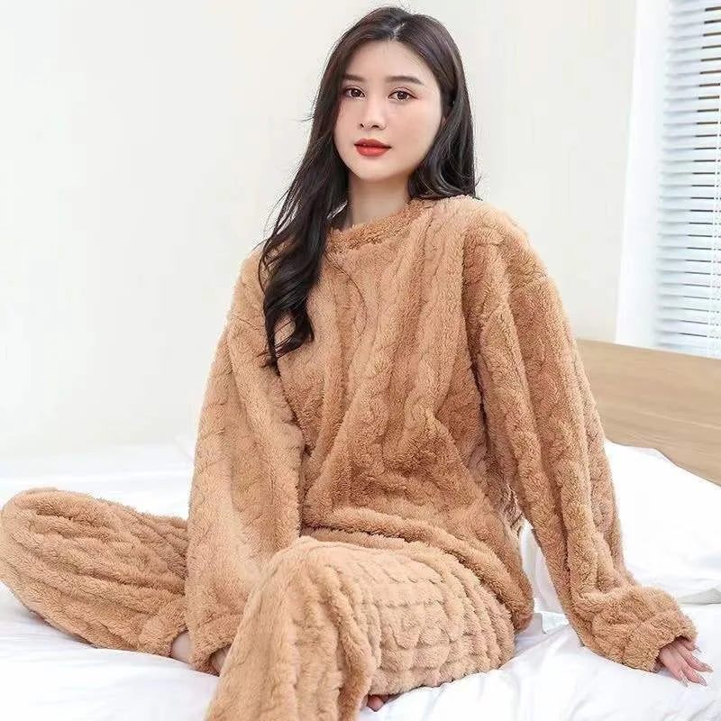 Winter women's two-piece homewear set thickened homewear coral velvet pajamas suit pregnant women loose leisure warm clothing su - Slobuy
