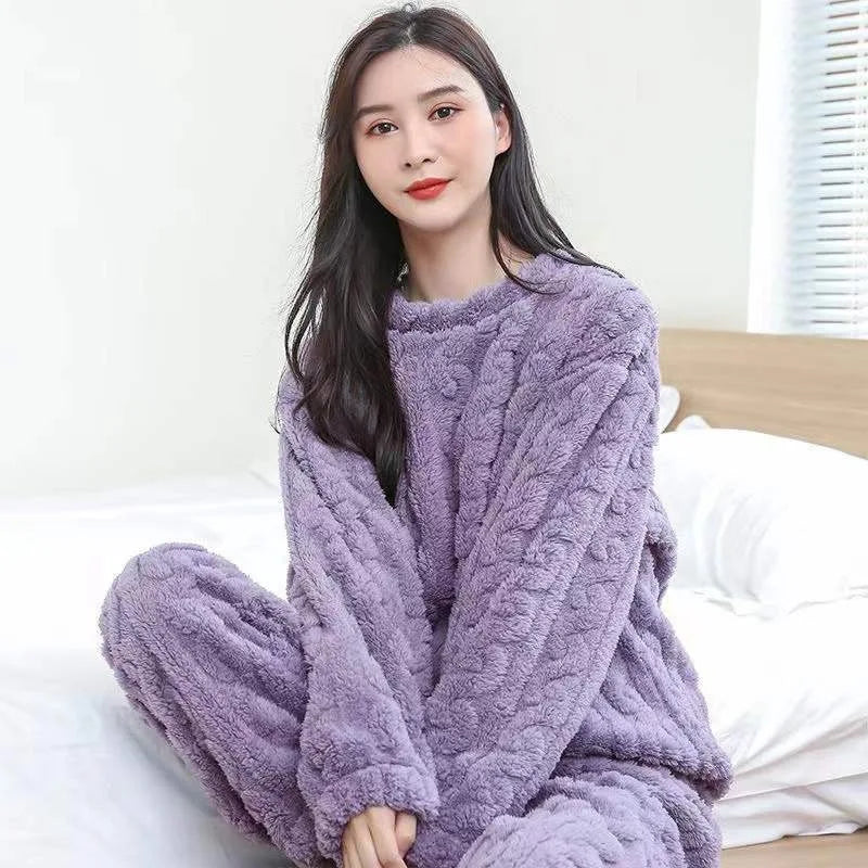 Winter women's two-piece homewear set thickened homewear coral velvet pajamas suit pregnant women loose leisure warm clothing su - Slobuy
