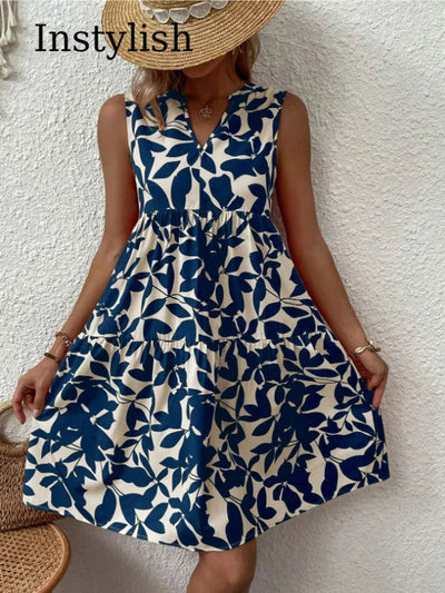 Women Boho Print Mini Dress Summer Elegant Sleeveless V Neck Ruffle A Line Tank Dress Casual Loose Oversize Beach Party Sundress - Slobuy