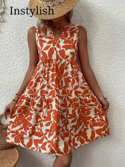 Women Boho Print Mini Dress Summer Elegant Sleeveless V Neck Ruffle A Line Tank Dress Casual Loose Oversize Beach Party Sundress - Slobuy
