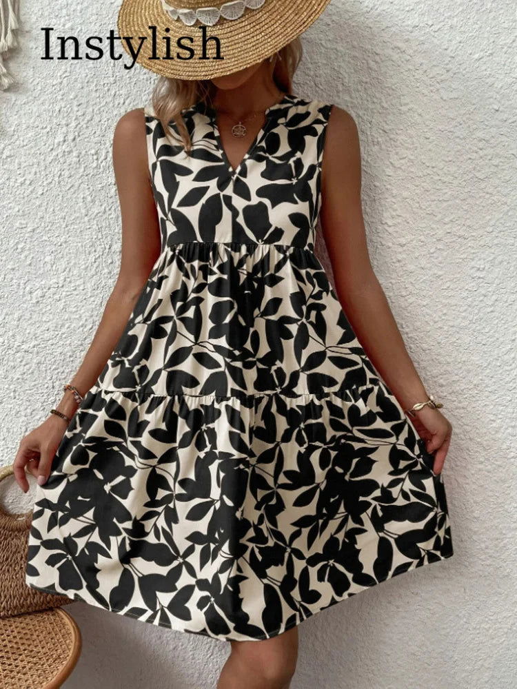 Women Boho Print Mini Dress Summer Elegant Sleeveless V Neck Ruffle A Line Tank Dress Casual Loose Oversize Beach Party Sundress - Slobuy