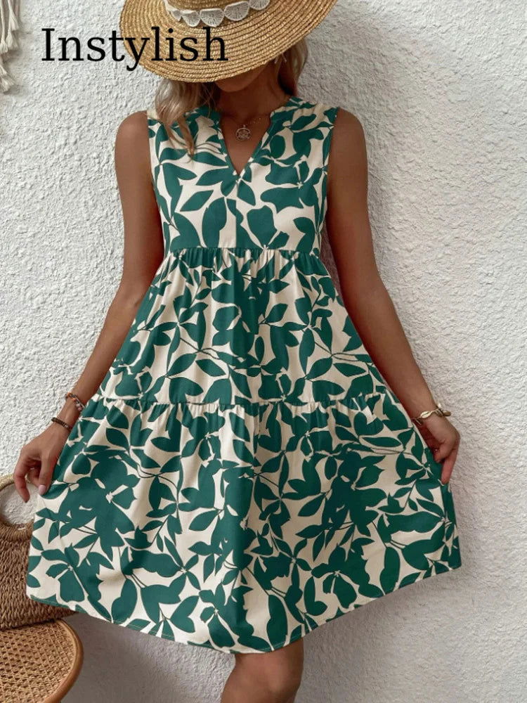 Women Boho Print Mini Dress Summer Elegant Sleeveless V Neck Ruffle A Line Tank Dress Casual Loose Oversize Beach Party Sundress - Slobuy