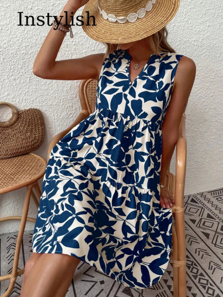 Women Boho Print Mini Dress Summer Elegant Sleeveless V Neck Ruffle A Line Tank Dress Casual Loose Oversize Beach Party Sundress - Slobuy