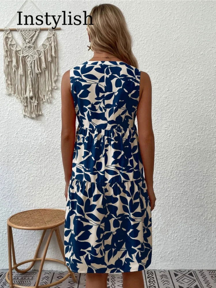 Women Boho Print Mini Dress Summer Elegant Sleeveless V Neck Ruffle A Line Tank Dress Casual Loose Oversize Beach Party Sundress - Slobuy