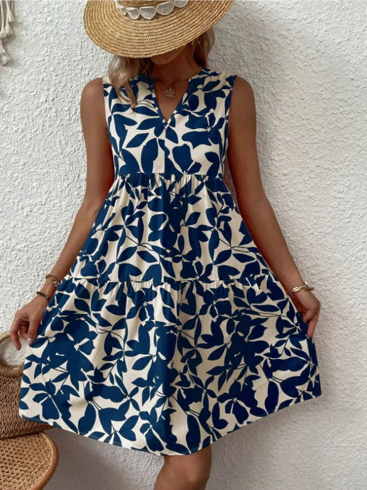 Women Boho Print Mini Dress Summer Elegant Sleeveless V Neck Ruffle A Line Tank Dress Casual Loose Oversize Beach Party Sundress - Slobuy