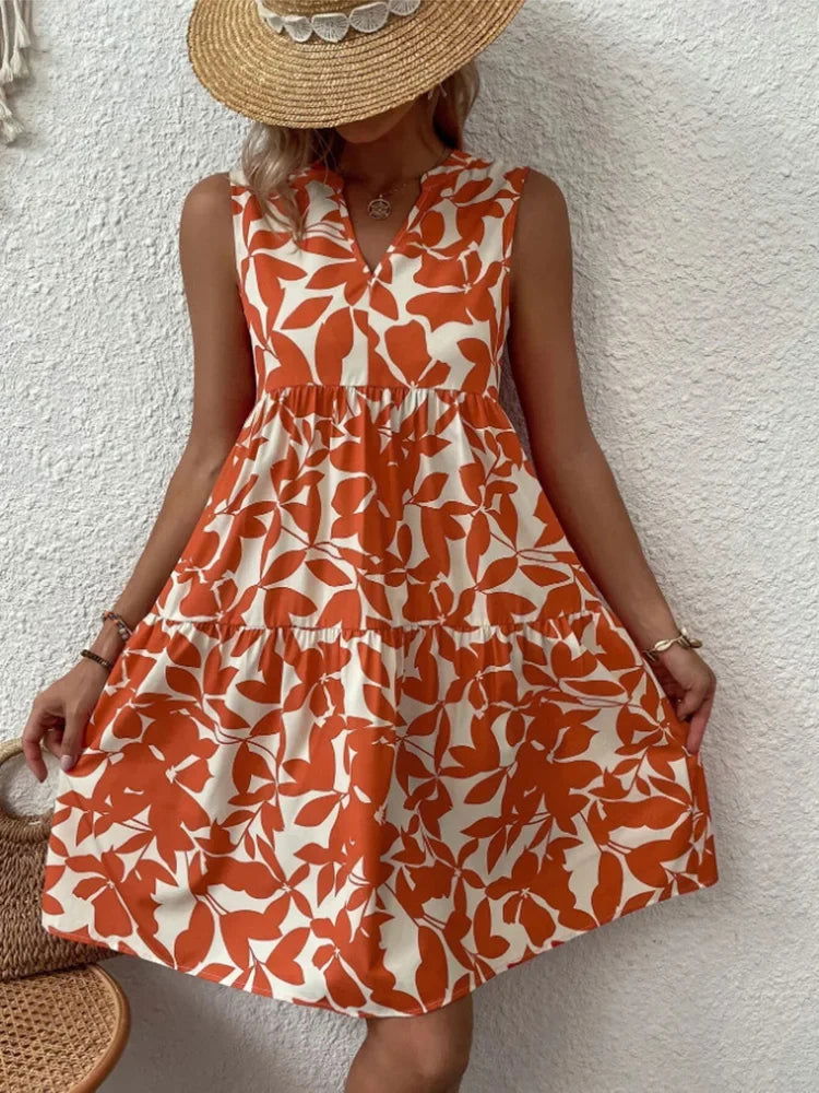 Women Boho Print Mini Dress Summer Elegant Sleeveless V Neck Ruffle A Line Tank Dress Casual Loose Oversize Beach Party Sundress - Slobuy