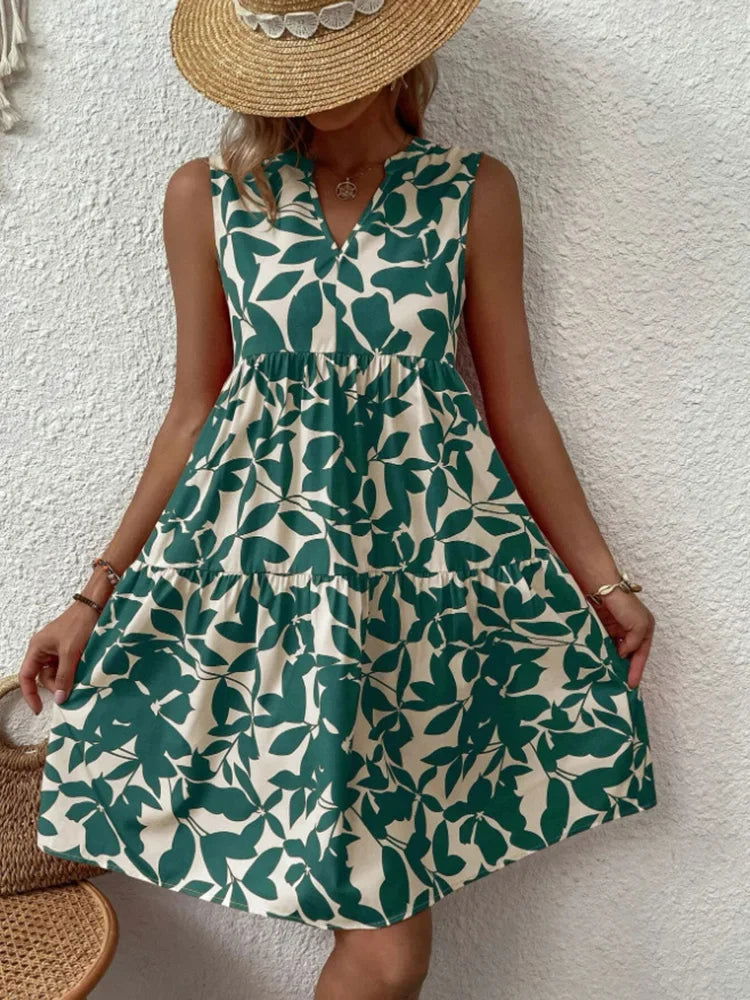 Women Boho Print Mini Dress Summer Elegant Sleeveless V Neck Ruffle A Line Tank Dress Casual Loose Oversize Beach Party Sundress - Slobuy