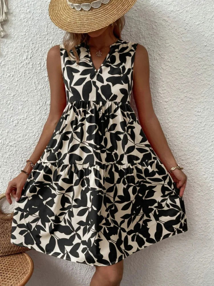 Women Boho Print Mini Dress Summer Elegant Sleeveless V Neck Ruffle A Line Tank Dress Casual Loose Oversize Beach Party Sundress - Slobuy
