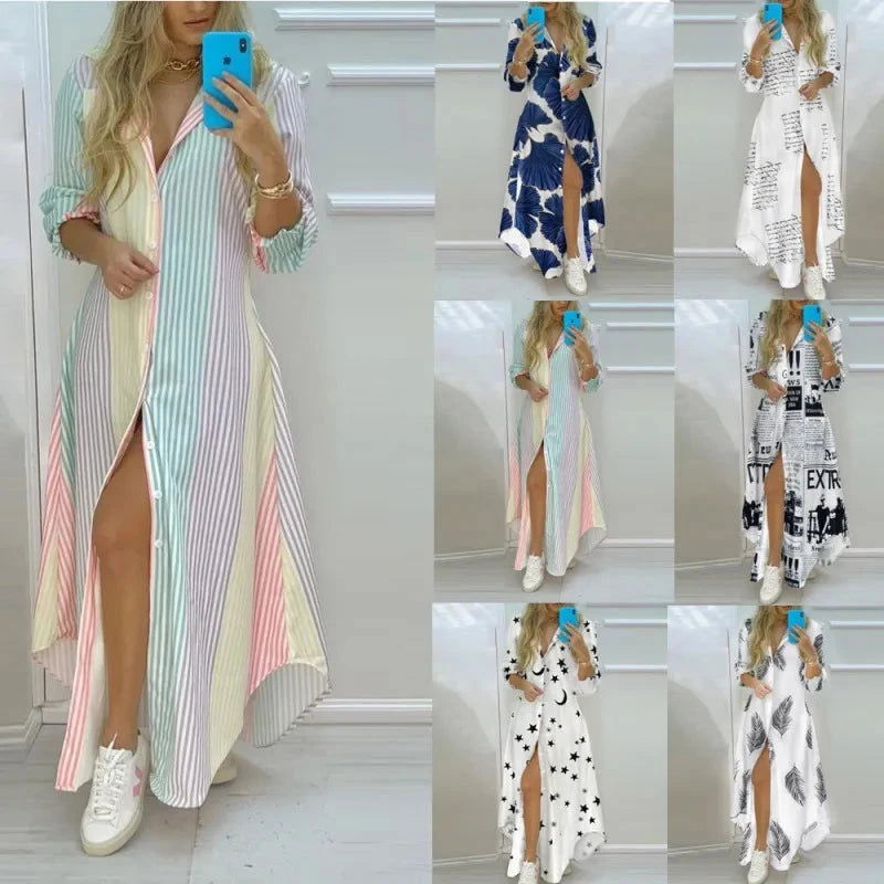 Women Boho Printed Long Shirts Dress Summer Turn-down Collar Long Sleeve Party Dress Female Casual Evening Maxi Dresses Vestidos - Slobuy