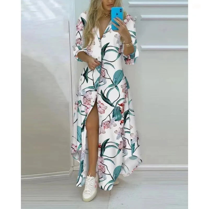 Women Boho Printed Long Shirts Dress Summer Turn-down Collar Long Sleeve Party Dress Female Casual Evening Maxi Dresses Vestidos - Slobuy