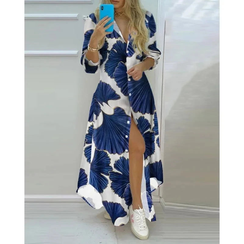 Women Boho Printed Long Shirts Dress Summer Turn-down Collar Long Sleeve Party Dress Female Casual Evening Maxi Dresses Vestidos - Slobuy