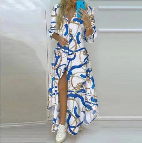 Women Boho Printed Long Shirts Dress Summer Turn-down Collar Long Sleeve Party Dress Female Casual Evening Maxi Dresses Vestidos - Slobuy