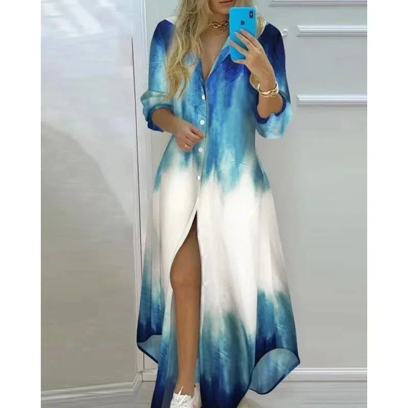 Women Boho Printed Long Shirts Dress Summer Turn-down Collar Long Sleeve Party Dress Female Casual Evening Maxi Dresses Vestidos - Slobuy