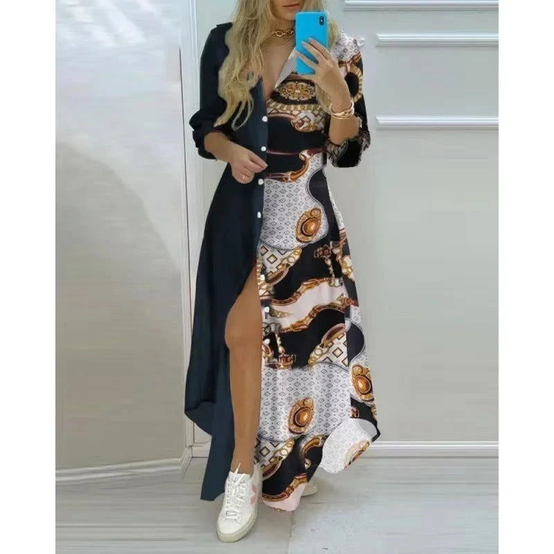 Women Boho Printed Long Shirts Dress Summer Turn-down Collar Long Sleeve Party Dress Female Casual Evening Maxi Dresses Vestidos - Slobuy