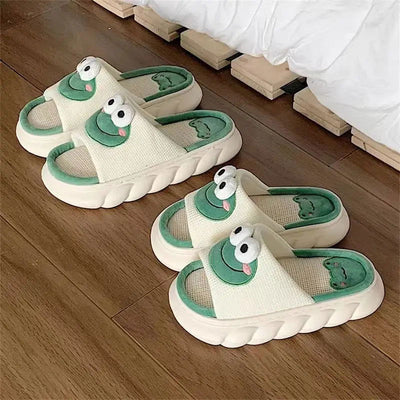 Women Cartoon Frog Slippers Winter Warm Indoor Home Slides Linen Thick Sole Couple Slipper Bedroom Anti Slip Shoes Sandals - Slobuy