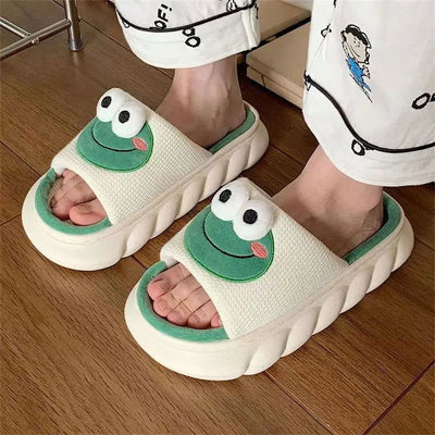 Women Cartoon Frog Slippers Winter Warm Indoor Home Slides Linen Thick Sole Couple Slipper Bedroom Anti Slip Shoes Sandals - Slobuy