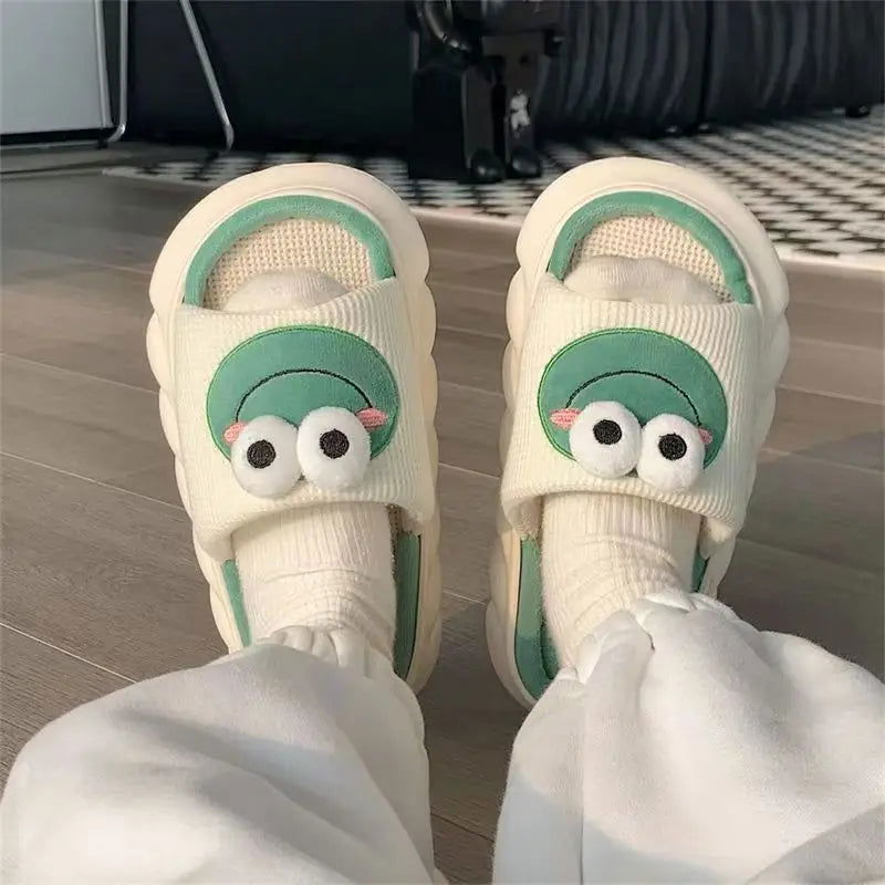 Women Cartoon Frog Slippers Winter Warm Indoor Home Slides Linen Thick Sole Couple Slipper Bedroom Anti Slip Shoes Sandals - Slobuy