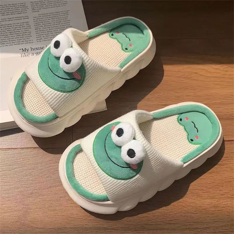 Women Cartoon Frog Slippers Winter Warm Indoor Home Slides Linen Thick Sole Couple Slipper Bedroom Anti Slip Shoes Sandals - Slobuy