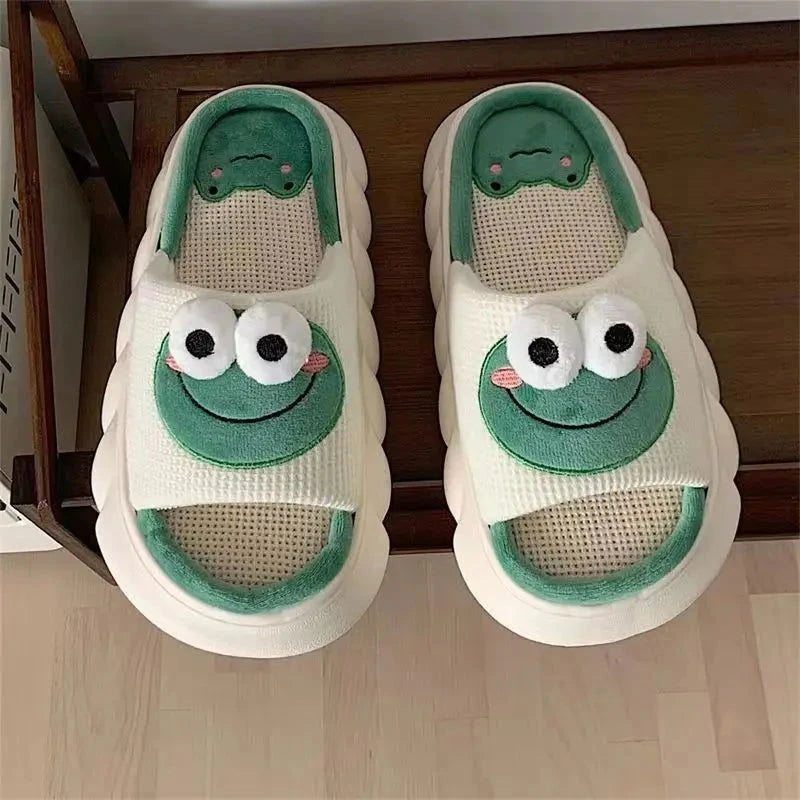 Women Cartoon Frog Slippers Winter Warm Indoor Home Slides Linen Thick Sole Couple Slipper Bedroom Anti Slip Shoes Sandals - Slobuy