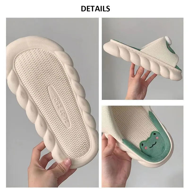 Women Cartoon Frog Slippers Winter Warm Indoor Home Slides Linen Thick Sole Couple Slipper Bedroom Anti Slip Shoes Sandals - Slobuy