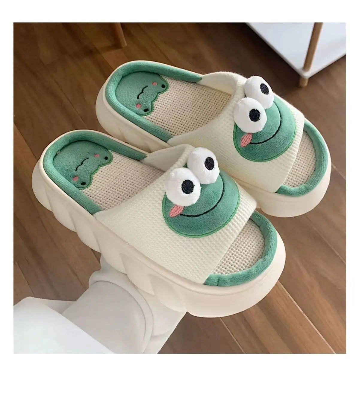 Women Cartoon Frog Slippers Winter Warm Indoor Home Slides Linen Thick Sole Couple Slipper Bedroom Anti Slip Shoes Sandals - Slobuy