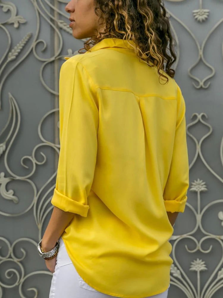 Women Elegant Solid Chiffon Blouse Spring Summer Casual Long Sleeve V Neck Loose Shirt Office Lady Tunics Oversized Tops 2023 - Slobuy