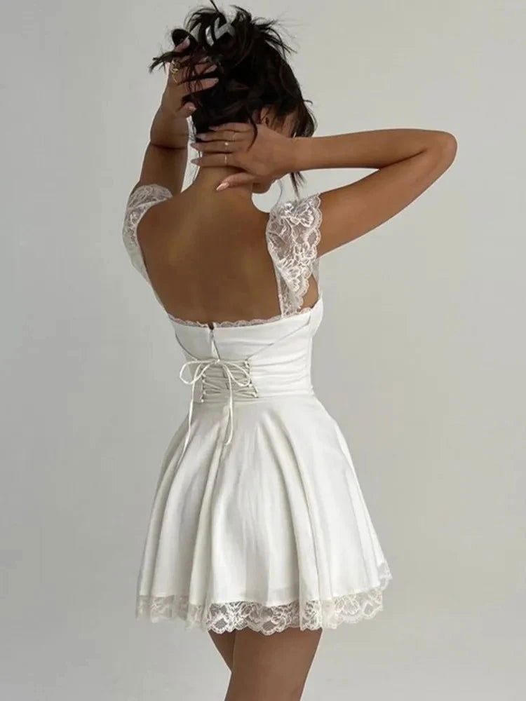 Women Fashion Long Lace Dress Summer Elegant Strap Sexy Beach Party Dress Open Back Strap Sleeveless Girl - Slobuy