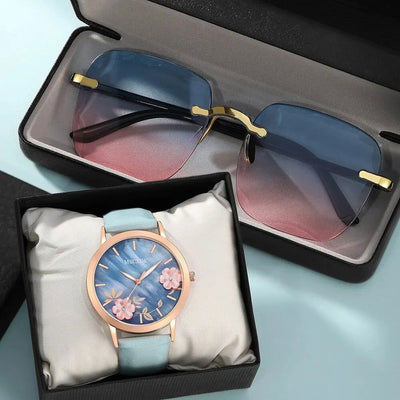 Women Fashion Watch Casual Bracelet Watches Glasses Set Ladies Simple Dial Quartz Wristwatches Dress Clock Montre Femme - Slobuy