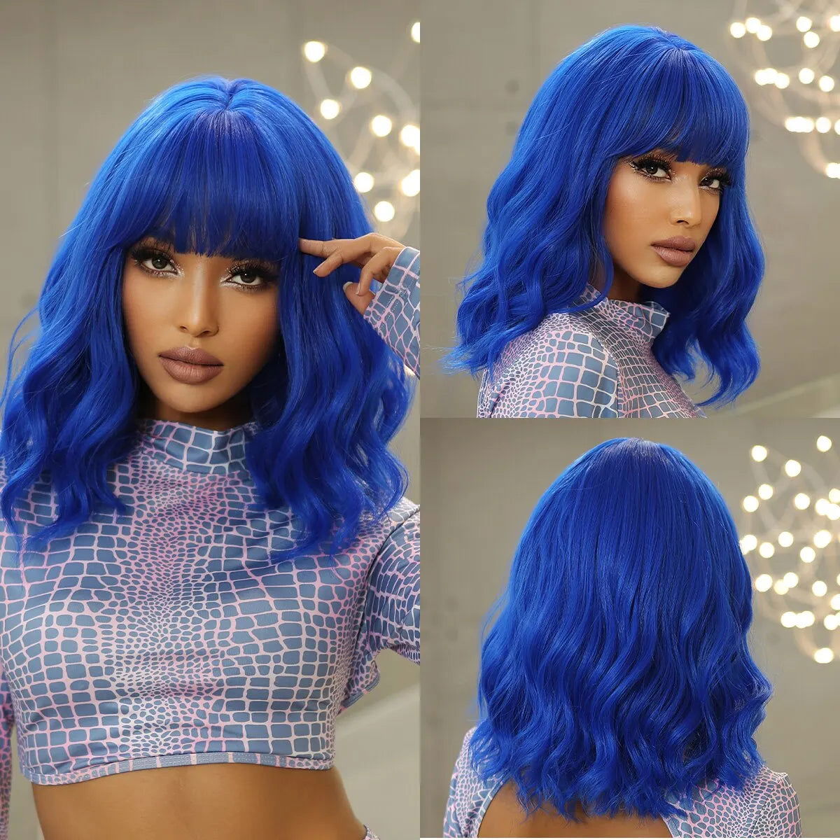 Women Grey Wavy Bob Wigs with Bangs Short Blonde Ombre Synthetic Wig With with Dark Roots Natural Hair for Daily Use - Slobuy