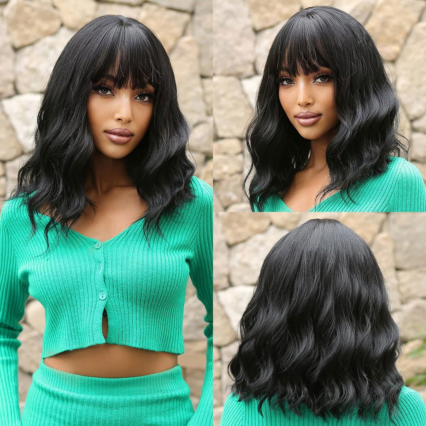 Women Grey Wavy Bob Wigs with Bangs Short Blonde Ombre Synthetic Wig With with Dark Roots Natural Hair for Daily Use - Slobuy