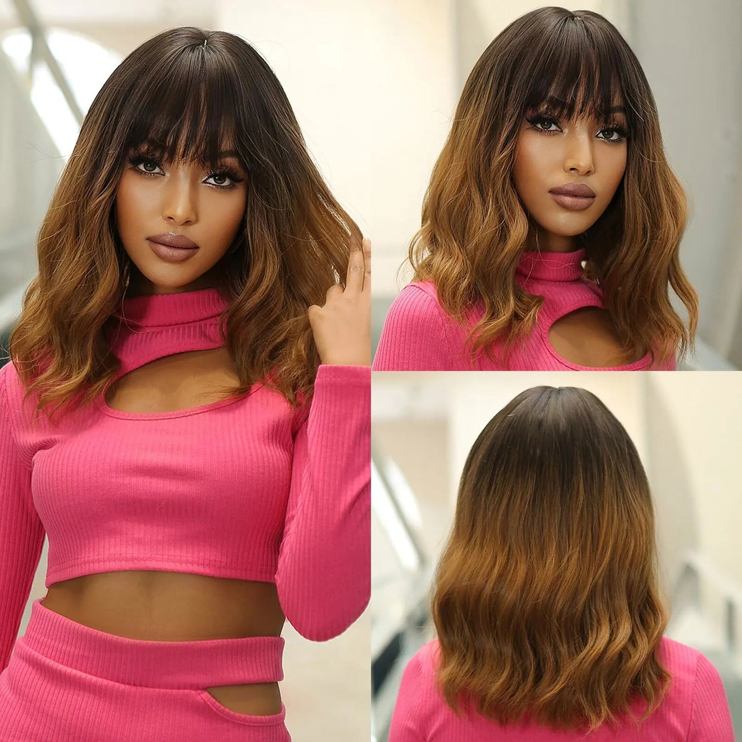 Women Grey Wavy Bob Wigs with Bangs Short Blonde Ombre Synthetic Wig With with Dark Roots Natural Hair for Daily Use - Slobuy