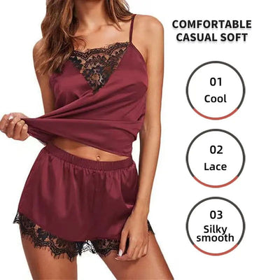 Women Ice Silk Pajamas Sleepwear Pajama Set Nightgowns Nightdress Camisole Shorts Black Red L XL Lace Casual Sexy Smooth - Slobuy
