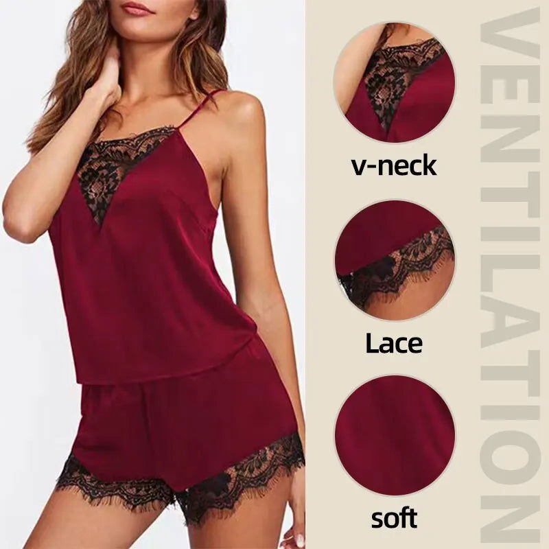 Women Ice Silk Pajamas Sleepwear Pajama Set Nightgowns Nightdress Camisole Shorts Black Red L XL Lace Casual Sexy Smooth - Slobuy