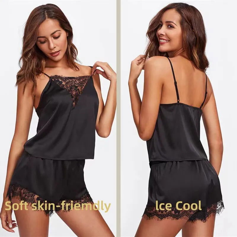 Women Ice Silk Pajamas Sleepwear Pajama Set Nightgowns Nightdress Camisole Shorts Black Red L XL Lace Casual Sexy Smooth - Slobuy