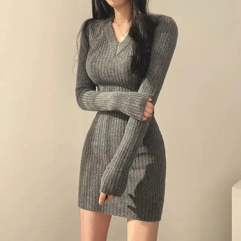Women Knit Slim Sexy Bodycon Dress V-Neck Long Sleeve Dress Solid Casual Midi Sweater Dress For Women 2023 Autumn Winter - Slobuy