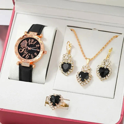 Women Luxury Watch Ring Necklace Earrings Rhinestone Love Dial Fashion Wristwatch Female Casual Ladies Watches Set Clock - Slobuy