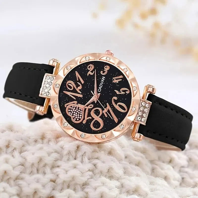 Women Luxury Watch Ring Necklace Earrings Rhinestone Love Dial Fashion Wristwatch Female Casual Ladies Watches Set Clock - Slobuy