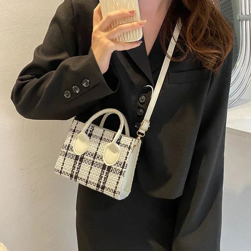 Women Mini Handbag Ladies Pouch Fashion Check Pattern Shoulder Bag Crossbody Messanger Bag Lightweight Simple Elegant Tote Bag - Slobuy