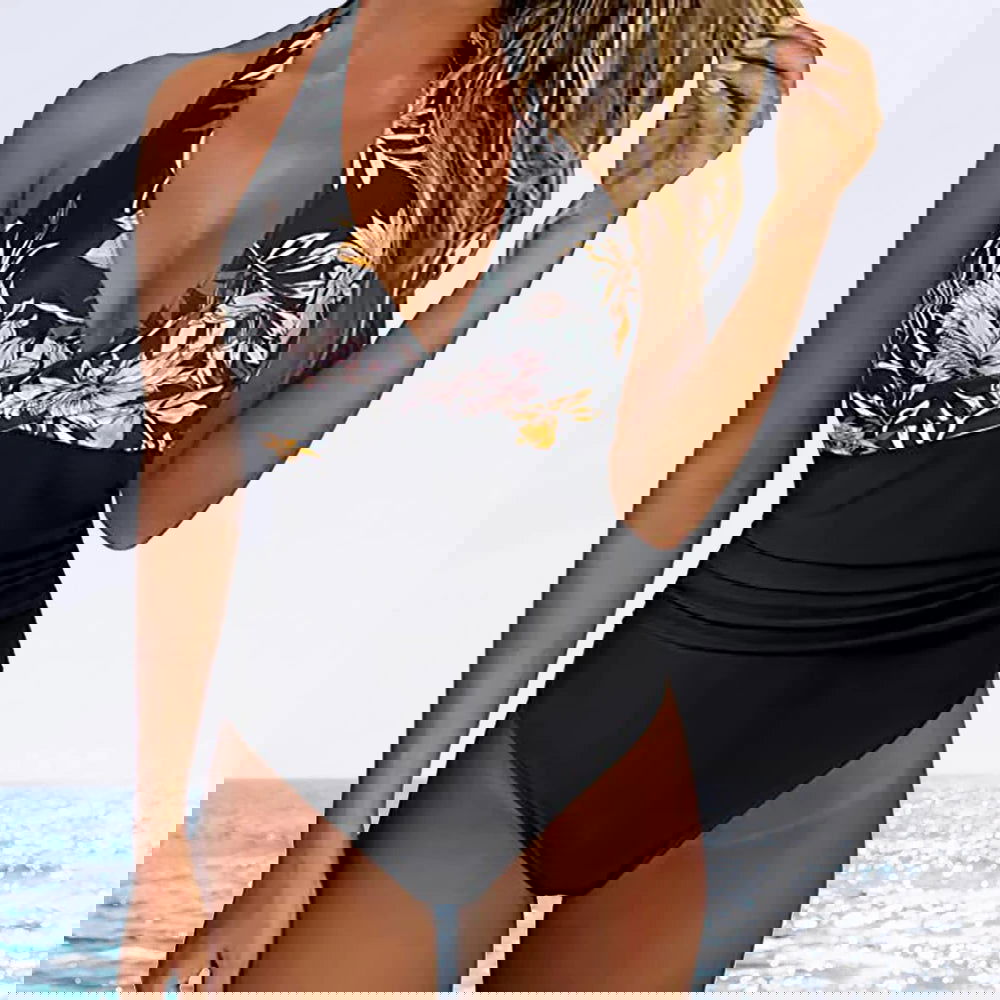 Women One Piece Set Swimsuit Print  Backless Puch Up Solid Sexy Women's Swimwear Bandage Ruched Female Bathing Suit Beachwear - Slobuy