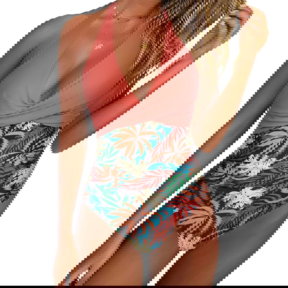 Women One Piece Set Swimsuit Print  Backless Puch Up Solid Sexy Women's Swimwear Bandage Ruched Female Bathing Suit Beachwear - Slobuy