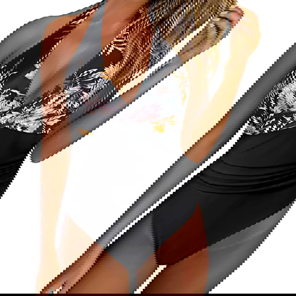 Women One Piece Set Swimsuit Print  Backless Puch Up Solid Sexy Women's Swimwear Bandage Ruched Female Bathing Suit Beachwear - Slobuy